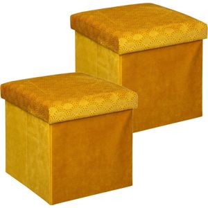 Atmosphera Poef/krukje/hocker Royal - 2x - Opvouwbare zit opslag box - fluweel Okergeel - D38 x H38 cm - MDF/polyester