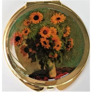 Zeeuws Meisje - zakspiegel - compact mirror met een vergrotende en een gewone spiegel - verguld met echt laagje goud - afbeelding zonnebloemen Claude Monet