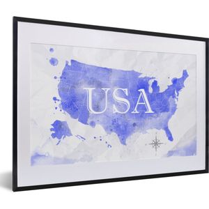 Fotolijst incl. Poster - Verenigde Staten - Blauw - Wereldkaart - 60x40 cm - Posterlijst