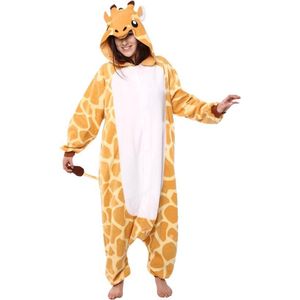 KIMU Onesie Giraf Pak - Maat S-M - Girafpak Kostuum Oranje Geel Giraffe 158 164 - Jumpsuit Zacht Huispak Dierenpak Pyjama Dames Heren Festival