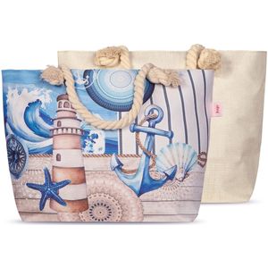 Maritieme Strandtas 43x60 cm - Vuurtoren en Anker Print - Blauw - Oeko-Tex Gecertificeerd