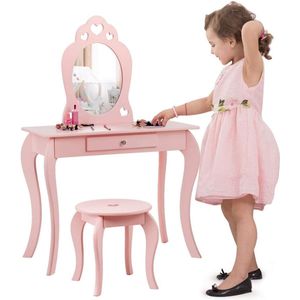 Make-uptafel voor Kinderen met Afneembare Spiegel en Kruk - Roze Houten Make-uptafel voor Meisjes