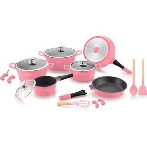Royalty Line® ES1014 Inductie Pannenset - 17 Delige Pannensets - Pan Met Afneembare Handvaten - Oven Vrij - Pannen Voor Alle Warmtebronnen - Antiaanbaklaag - Roze