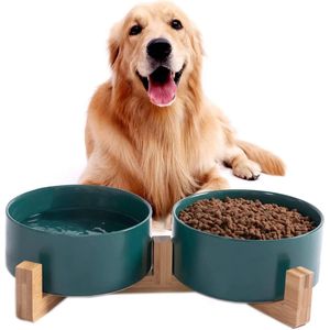 Voerbak kat met massieve houten standaard, keramische hondenbak, voederbak, voederbak, voederbak, keramische kom voor honden en katten, hoog voederstation (2 stuks) (groen, S)