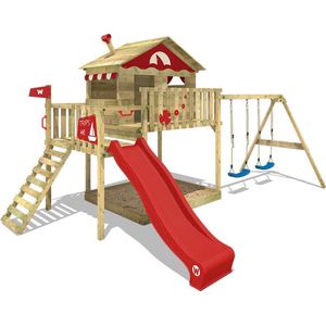 WICKEY speeltoestel klimtoestel Smart Coast met schommel & rode glijbaan, outdoor kinderspeeltoestel met zandbak, ladder & speelaccessoires voor in de tuin