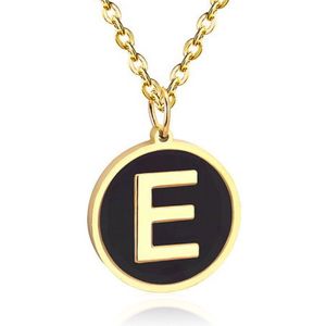 Goudkleurige Dames Schakelketting met Zwarte Kettinghanger Letter E