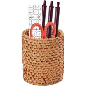 Natuurlijke handgemaakte rotan pennenhouder, ronde multifunctionele pennenhouder organisator, voor organisator, pennen, balpennen, make-upborstels, bloemen