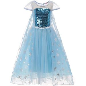 Prinses - Elsa jurk - Frozen - Frozen -  Prinsessenjurk - Verkleedkleding - Blauw - Maat 122/128 (6/7 jaar)