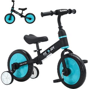 Peuterfiets - Voor Jongens & Meisjes - 2 tot 4jaar - 4-In-1 Kinder Loopfiets - Met Pedalen - En Zijwieltjes - Blauw