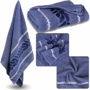 Blauwe Katoenen Handdoek met Decoratief Borduursel, Badhanddoek Bladeren 70x135 cm