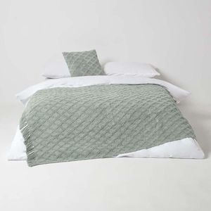 Groene katoenen deken, 125 x 150 cm, getufte deken, geometrisch patroon met franjes, plaid boho-stijl