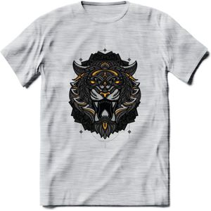 Tijger - Dieren Mandala T-Shirt | Geel | Grappig Verjaardag Zentangle Dierenkop Cadeau Shirt | Dames - Heren - Unisex | Wildlife Tshirt Kleding Kado | - Licht Grijs - Gemaleerd - S