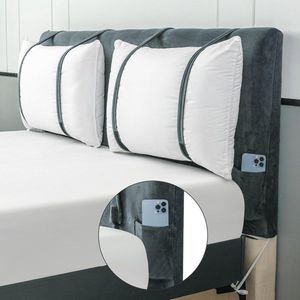 Bed Headboard Cover Stretch with Pillow Attachment Strap and Mobile Phone Storage Bag - Grey - 55-63 Inch hoofdbord hoes elastische
