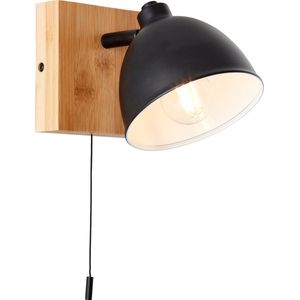 Brilliant Celia wandlamp mat zwart/bamboe metaal/bamboe schakelaar trekken 1x D45, E14, 28 W, Geschikt voor hanglamp (niet inbegrepen)