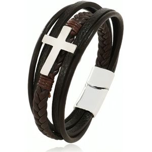 Armband Heren - Bruin Leer met Zilver kleurig Kruis - 21cm - Leren Armbanden - Cadeau voor Man - Mannen Cadeautjes