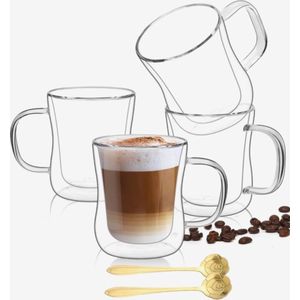 Dubbelwandige Koffieglazen Met Oor Met Gratis 4x Goud Lepels - Latte Macchiato Glazen - 250ML - Dubbelwandige Theeglazen - 4x - Cappuccino Glazen
