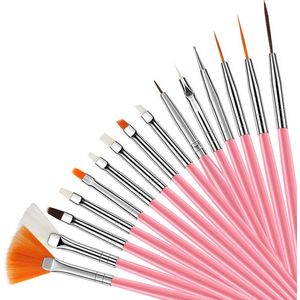 Fabyan Nail Art Brushes - Set van 15 - Roze - Nagel Kwastjes - Nail Art Penselen - Kunstnagels - Gel Nagels - Acryl Nagels - Nagel Kunst