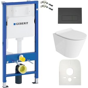 Inbouwreservoir Complete Toiletset Geberit Duofix Basic - Inbouw WC Hangtoilet Wandcloset GALVE Wit Hoogglans - Bedieningsplaat DELTA Zwart - Voorwandelement - Installatiesysteem