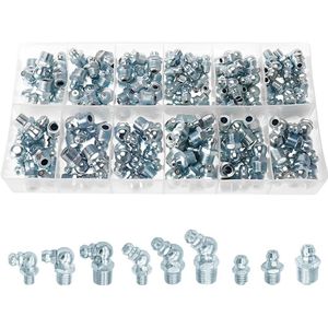 Smeernippelassortiment - 110 stuks, kegelnippel voor vetpers, recht 90° schuin 45°, M6 M8 M10, hydraulisch, vervangende set .