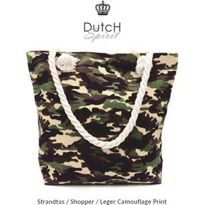 Dutch Spirit - Strandtas Shopper Schoudertas - Army Leger Camouflage - Groen / Beige / Bruin - Katoen / Linnen - 15 x 44 x 38 cm – casual beach shopping