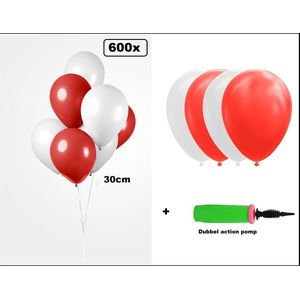 600x Luxe Ballon rood/wit 30cm + 2x dubbel actie pomp - biologisch afbreekbaar - Carnaval Festival feest party verjaardag Sinterklaas landen helium lucht thema
