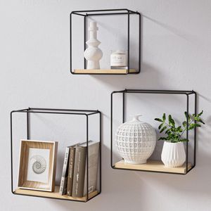 Zwevend wandrek van zwart metaal en bamboe - 3 maten - voor woonkamer, keuken, slaapkamer en kantoor