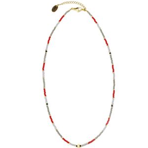 CO88 Collection 8CN-26346 Kralenketting met Miyuki Kralen - Grijs en Rood - 40+5cm - Goudkleurig Slot