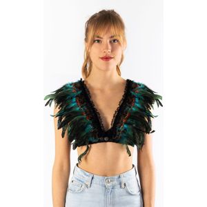 KIMU Top met Veren Turquoise - Maat XS S M - Verentop Kostuum Topje Veertjes - Hippie Bohemian Indiaan Pakje Las Vegas Showgirl Volwassenen Carnaval Festival