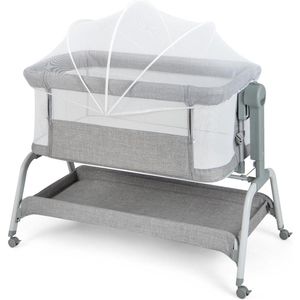 Babybed met muggennet, bijzetbed voor baby's, met matras en wieltjes, reisbed, 6 hoogteverstellingen, draagbare babywieg voor baby's van 0-6 maanden, wieg met opbergmand (grijs)