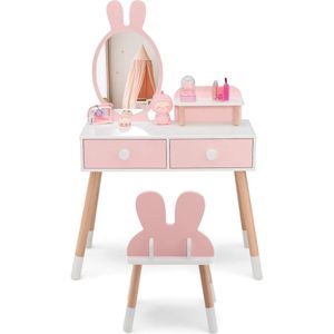 Make-uptafel voor kinderen, met konijnendesign, 2-in-1 kaptafel met spiegel, 2 laden en plank, make-upset met massief houten poten voor meisjes (roze)