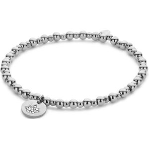 CO88 Collection 8CB-91264 Stalen Kralen Armband met Lotus - 3,9mm en 2,8mm Bolletjes - 10mm Hangertje - Zirkonia - Rekbaar - 17,8cm - Zilverkleurig