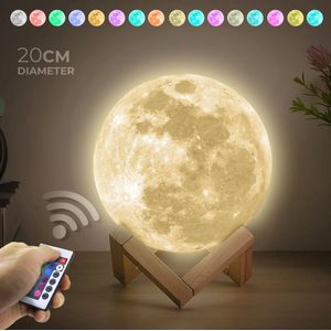 Nuvance - Maanlamp 3D Tafellamp - 20cm - met Afstandsbediening - 16 Dimbare RGB Kleuren - Maan Lamp - Moon Lamp - Maan Lampje Babykamer - Nachtlampje Kinderen voor Slaapkamer