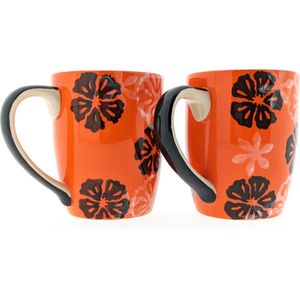 Mokken - Koffiekop - Theemok - Thee mokken - mokken set van 2 - Keramiek - Handgeschilderd - Oranje met bloemen