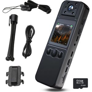 Bodycam - Action Camera - FullHD 1080P/30fps - 180º Draaibare Lens - Webcam - Night Vision - Motion Detection - Incl. 64GB SD-kaart, USB kabel, Tripod & Nekkoord