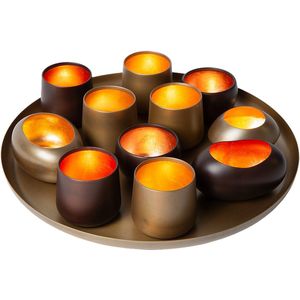 Atmooz Marlot Tray met T-lichtjes – Ø40 cm – Antique Brass – 11 Theelichthouders