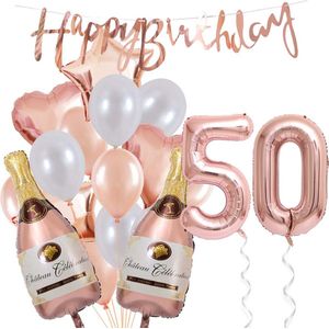 50 Jaar Verjaardag Cijferballon 50 - Feestpakket Snoes Ballonnen Pop The Bottles - Rose White Versiering