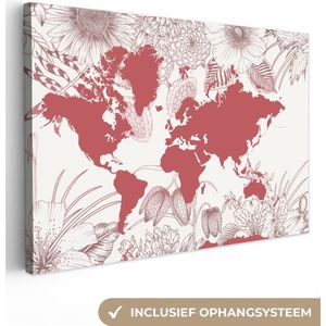 Canvas Wereldkaart - 90x60 - Wanddecoratie Wereldkaart - Roze - Wit