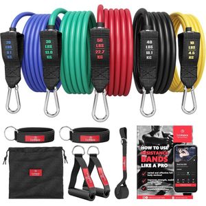 Resistance Bands Weerstandsbanden Fitness Set + Trainings eBook - Expander Tubes - Elastische Work-Out Power Weerstand Banden: 5 Elastiek, Handvaten, Deuranker, Enkelbanden | Krachttraining Gym