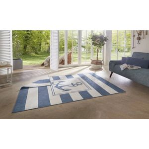 Flycarpets Omkeerbaar Binnen & Buitenkleed Maritiem Design - Laagpolig Vloerkleed - Gandara- Blauw / Creme - 80x150 cm