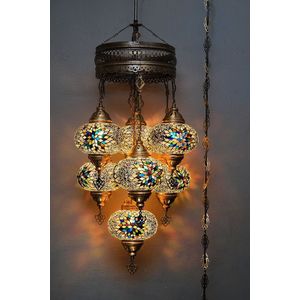 7 globe glas multicolor Mozaïek Turkse hanglamp Oosterse kroonluchter