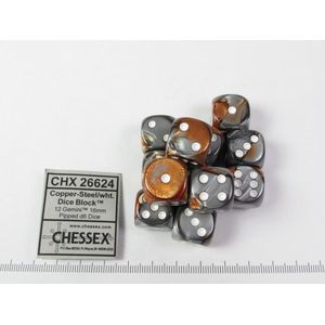 Chessex Gemini koper-staal/wit D6 16mm Dobbelsteenset (12 stuks)