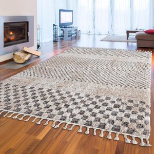 Pluizig hoogpolig tapijt in Scandinavische stijl • 3D-effect in crèmebruin, 120x170 cm