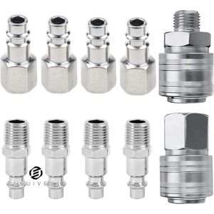 Equivera 10 stuks 1/4"" BSP snelkoppeling voor slangen, persluchtkoppeling voor Euro-luchtslangen, luchtcompressorset, compressorfittingen, 1/4"" BSP draad, slangkoppelingen set.