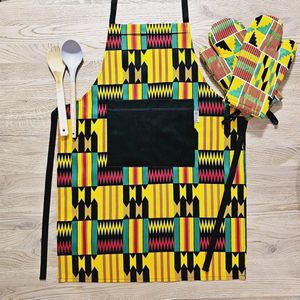 Keuken Schort en Set van 2 Ovenwanten | Afrikaanse Boheemse Stijl Geometrische 'Mudcloth' Bogolan Geïnspireerd Druk Schort