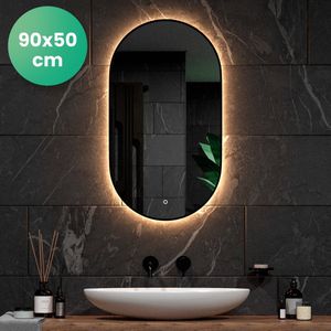 Mirlux Badkamerspiegel met LED Verlichting & Verwarming – Wandspiegel Ovaal – Anti Condens Douchespiegel - Zwart - 90x50CM