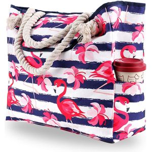 RAMBUX® - Strandtas - Touw - Flamingo - Shopper Canvas - Schoudertas - Zomer & Strand - 30 Liter