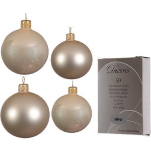 Compleet glazen kerstballen pakket champagne glans/mat 38x stuks - 18x 4 cm en 20x 6 cm - Inclusief 50x haakjes