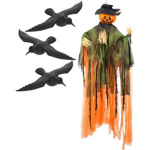 Horror decoratie pakket hangende pompoen vogelverschrikker met kraaien/raven - Halloween thema versiering