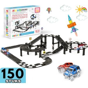 Playnetix - Magnetic Tiles racebaan - Zelfrijdende auto - Magnetisch Speelgoed - 150 stuks - Magnetische tegels - Montessori speelgoed - Magnetische bouwstenen - Speelgoed - Magna - Educatief speelgoed - Jongens & Meisjes - 3 jaar t/m 12 jaar