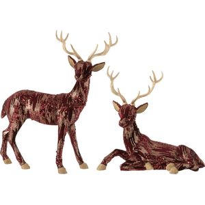 J-Line Kerstfiguren Rendier voor binnen - staand & liggend - textiel - bordeaux & glitters - 2 stuks